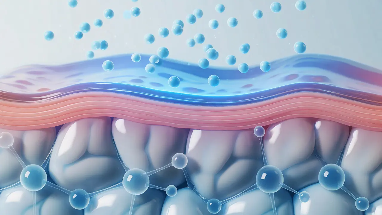 Ilustrace vrstev kůže s intaktní hydrolipidovou bariérou zadržující vlhkost