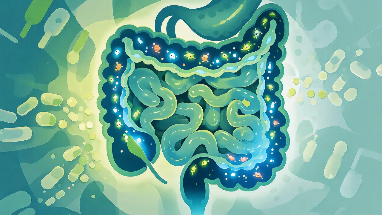 Ilustrace zdravého střevního mikrobiomu s bakteriemi