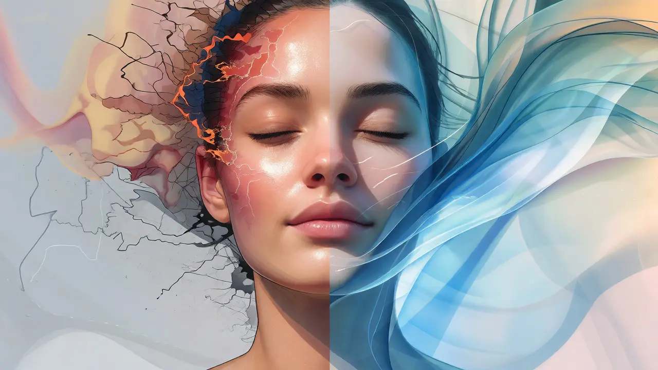 Konceptuální ilustrace obnovy kožní bariéry z chaosu do harmonie