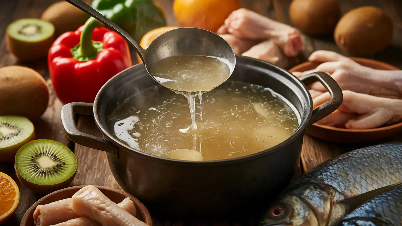 Kostní vývar, ryby a zelenina bohatá na vitamín C na stole