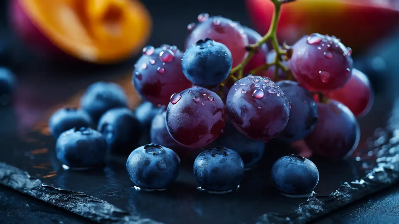 Makrofotografie tmavých bobulovin jako zdroje antioxidantů