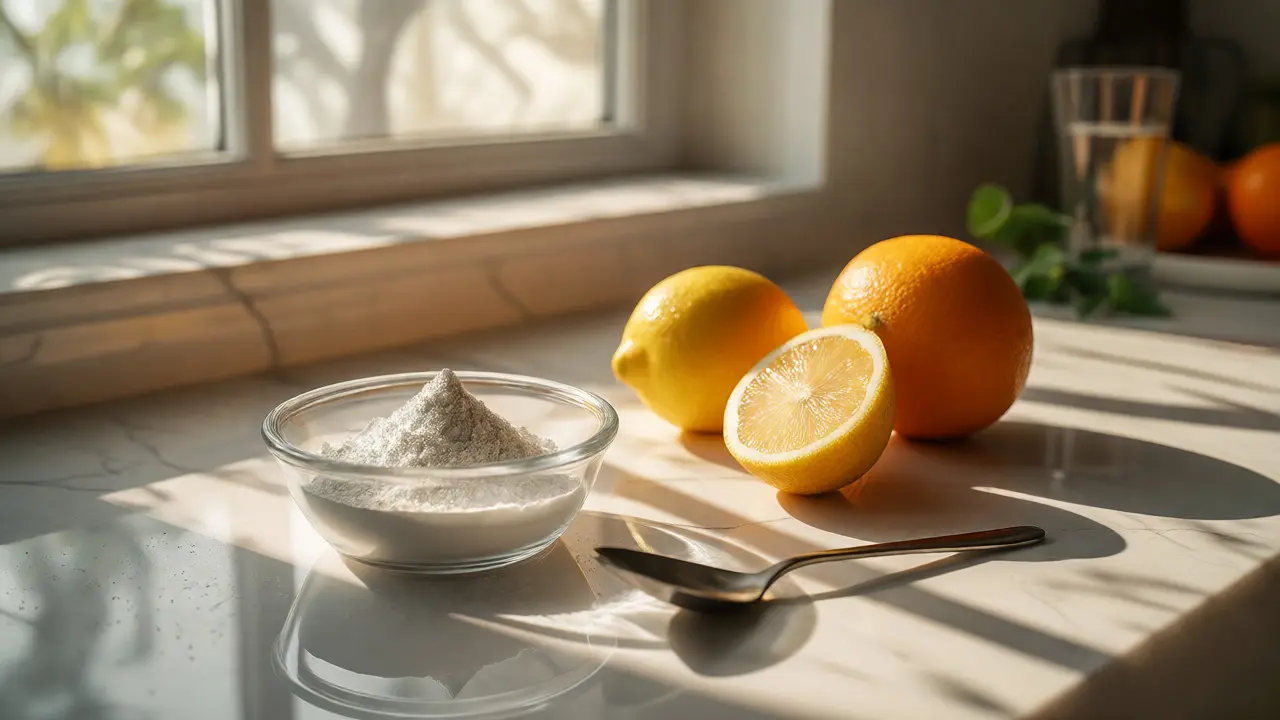 Rybí kolagen v prášku s citrusovým ovocem na kuchyňské lince
