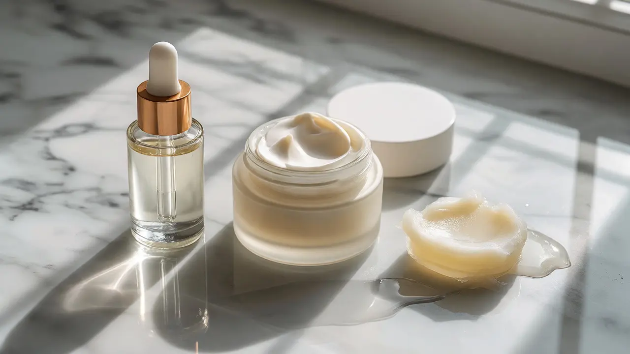 Skincare produkty s ceramidy, niacinamidem a vazelínou na mramoru