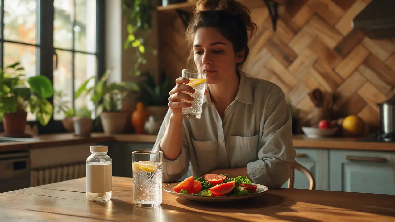 Žena u kuchyňského stolu se šumivým vitaminem a jídlem